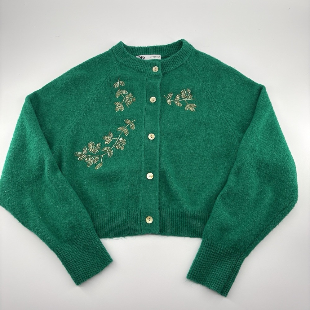 Zara Emerald Green Wool Knit Cardigan Sweater Embroidered Beaded Cropped Medium